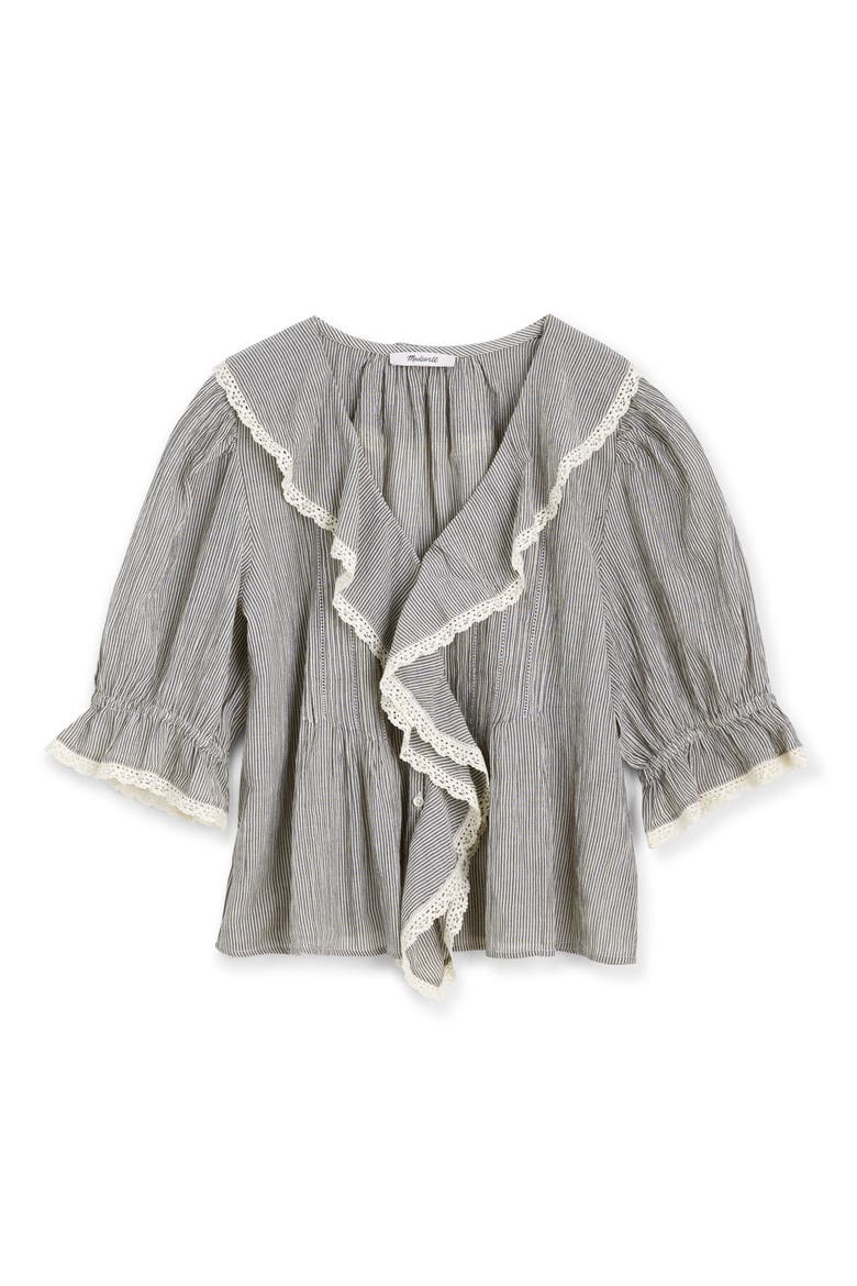 Ruffled Puff Sleeve Cotton Button-Up Shirt, Alternate, color, BLACK AND IVORY MICRO STRIPE