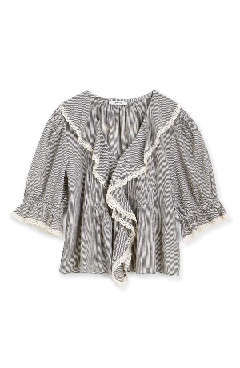 Madewell Ruffled Puff Sleeve Cotton Button-Up Shirt, Alternate, color, Black And Ivory Micro Stripe