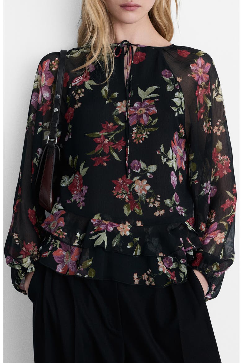 Floral Print Ruffle Shirt, Main, color, BLACK