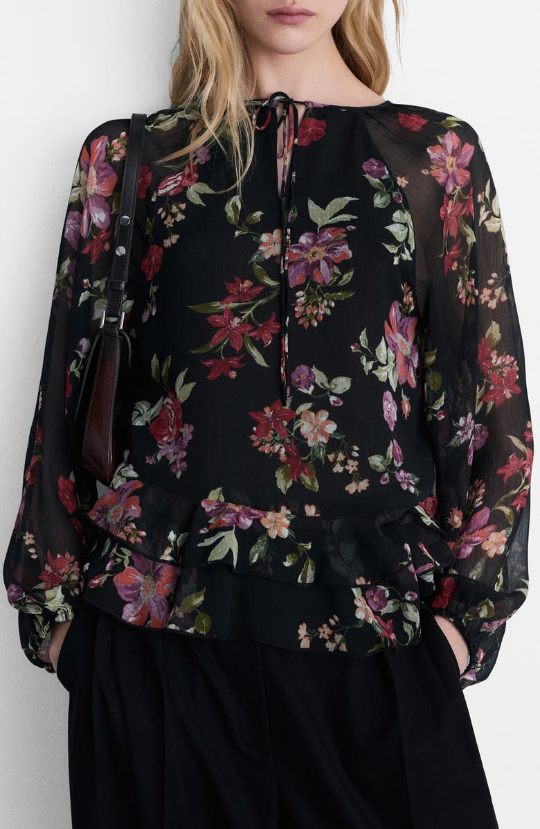 MANGO Floral Print Ruffle Shirt, Main, color, Black
