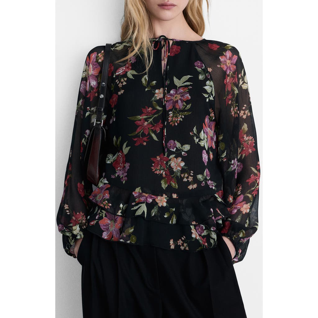 Mango Floral Print Ruffle Shirt In Black