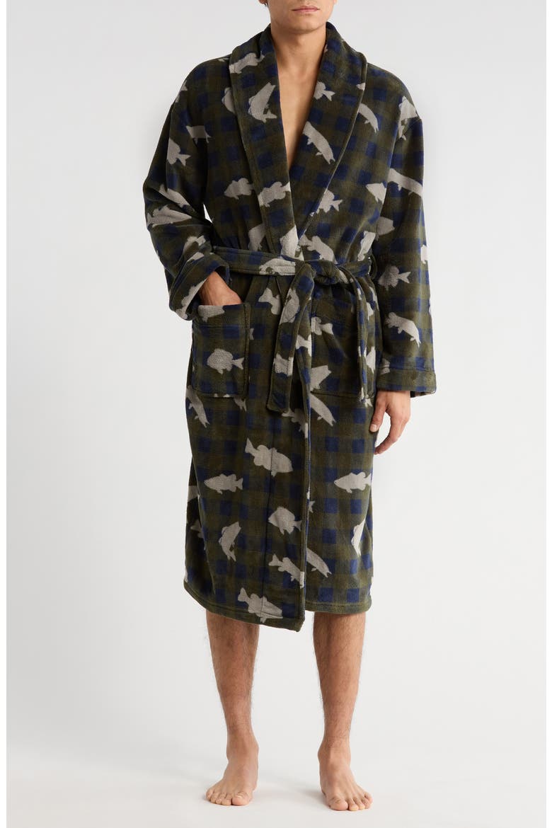Buffalo Check Plush Shawl Robe, Main, color, GREEN