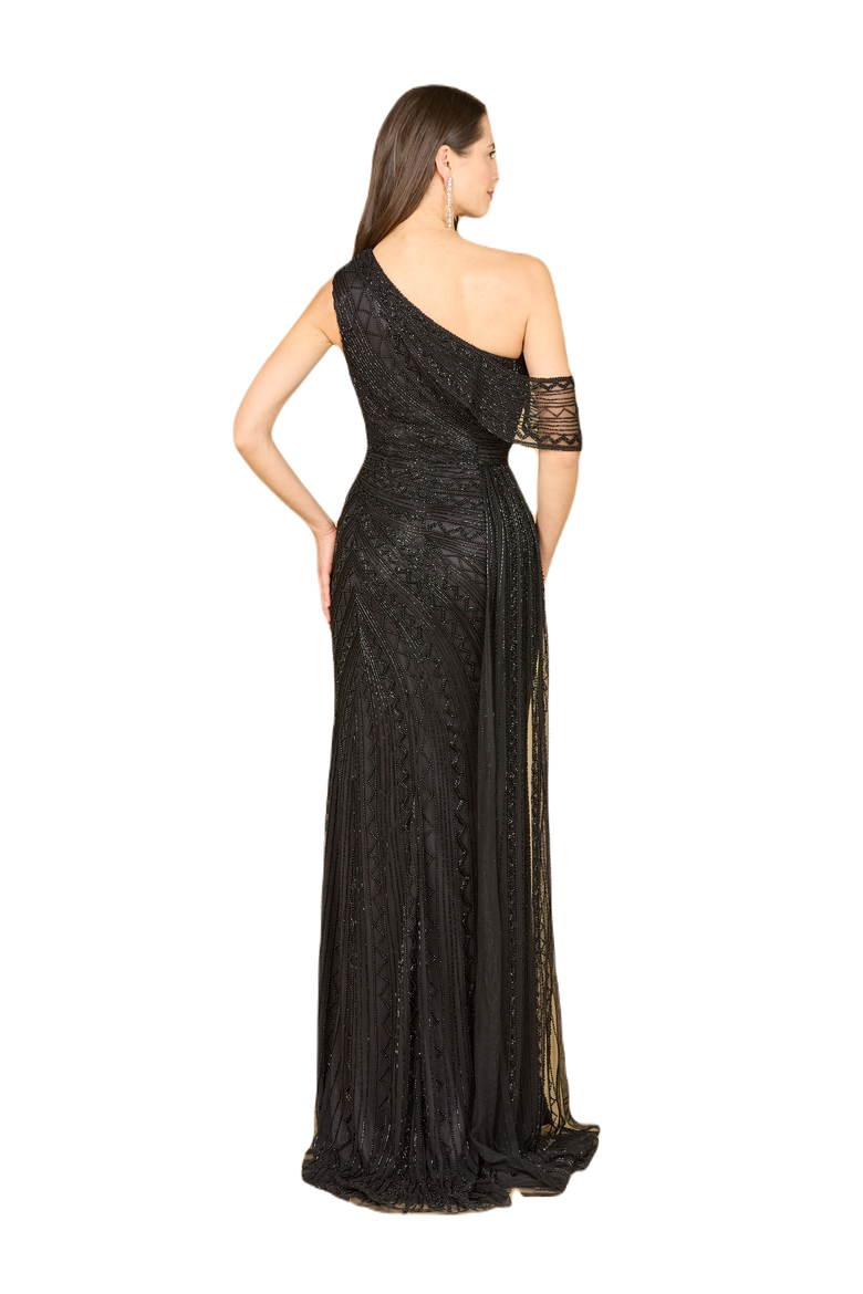 Beaded One Shoulder Dress with Train, Alternate, color, Black