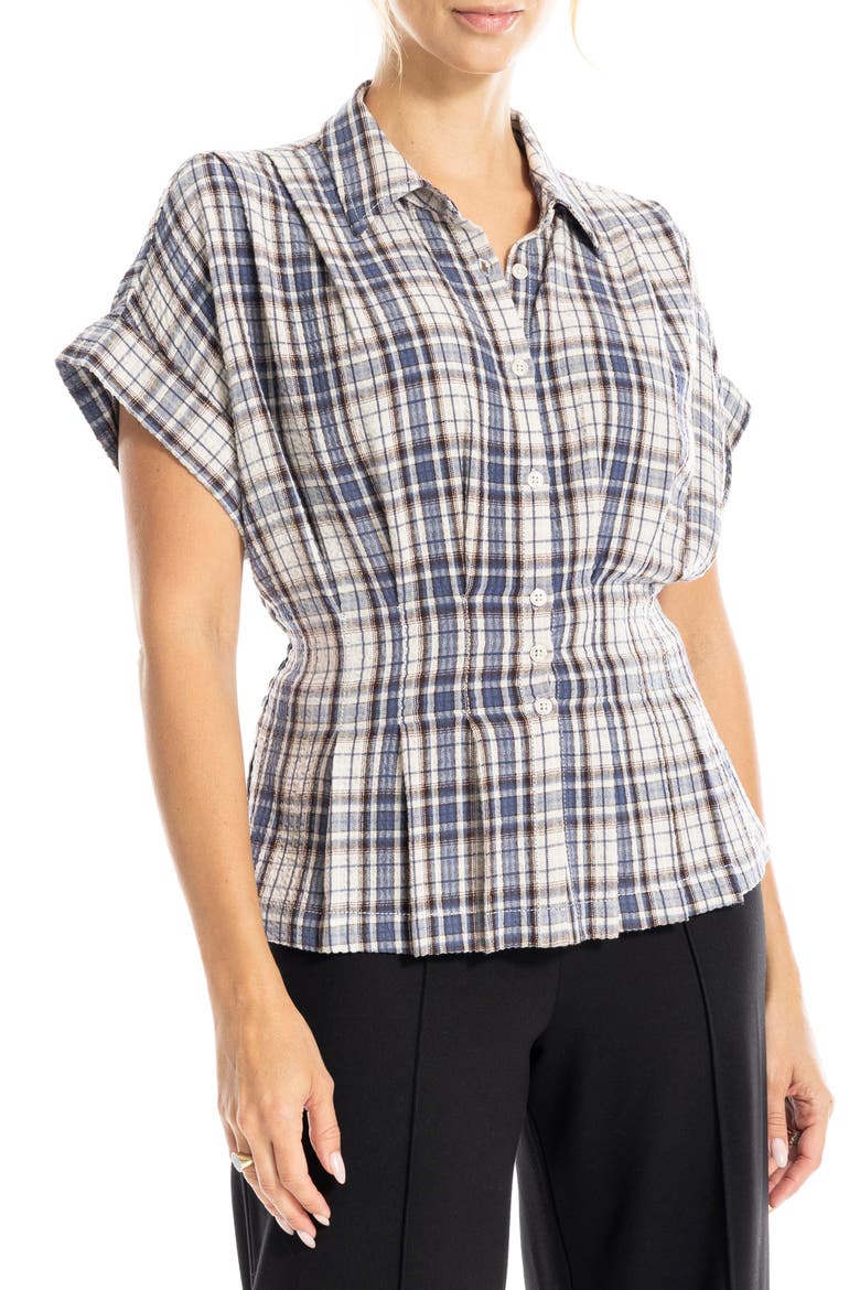 Plaid Pintucked Short Sleeve Shirt, Alternate, color, ECRU/ NAVY PLAID