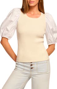 Ramy Brook Wesley Puff Sleeve Mixed Media Top