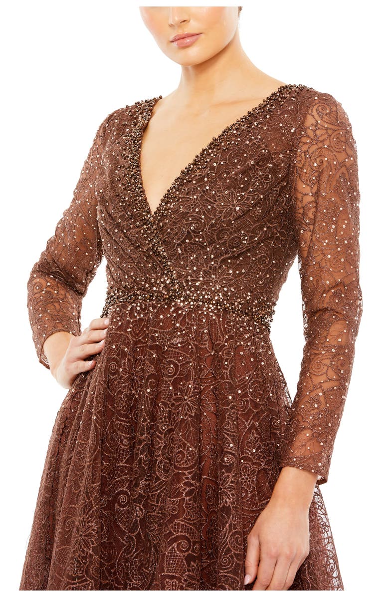 Mac Duggal Embellished Illusion Long Sleeve V Neck Gown, Alternate, color, Chocolate