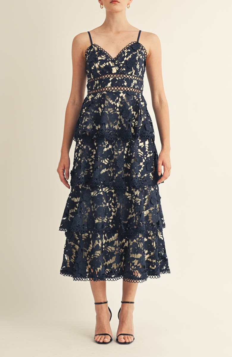 Arose Studio Marcela Floral Embroidered Tiered Midi Dress, Main, color, Navy