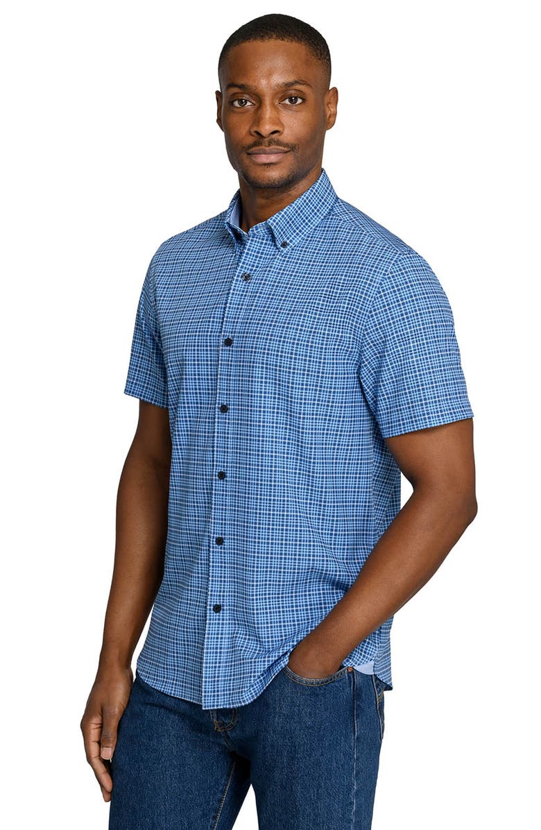 CONSTRUCT Slim Fit Houndstooth Plaid Woven Short Sleeve Basic Shirt, Alternate, color, Light Blue/Navy