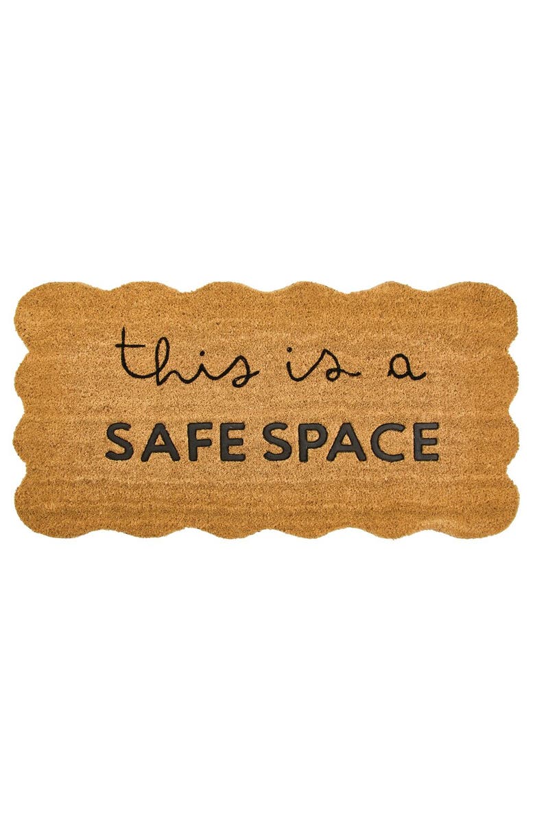 mDesign This is a Safe Space Scalloped Coir Rectangular Doormat, Natural/Black, Main, color,