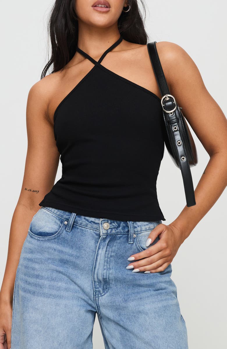 Princess Polly Baseline Rib Stretch Cotton Halter Top, Main, color, Black