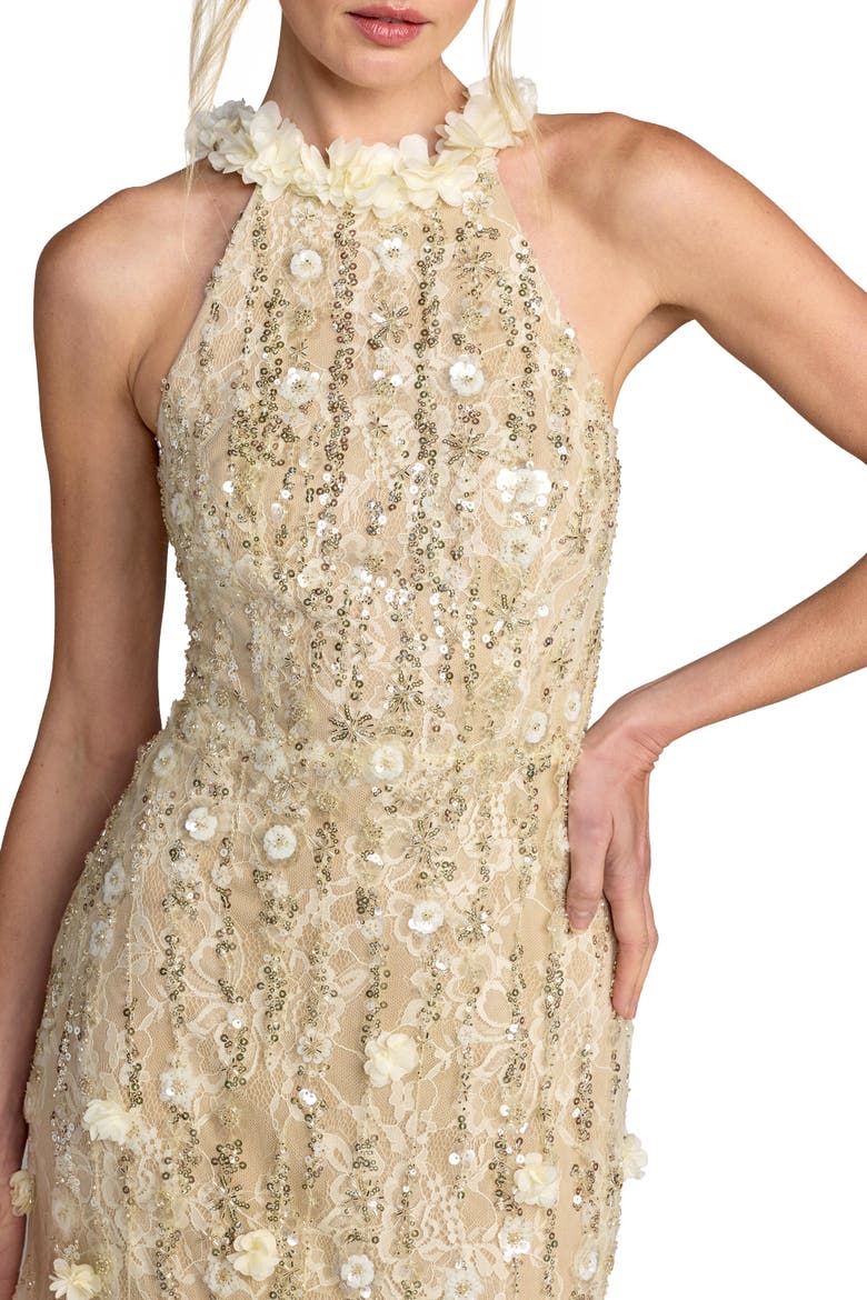 Beaded Lace Halter Neck Sleeveless Mermaid Gown, Alternate, color, Butter