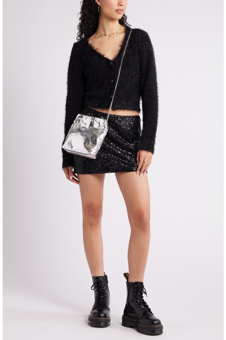 Eyelash V-Neck Crop Cardigan, Alternate, color, BLACK