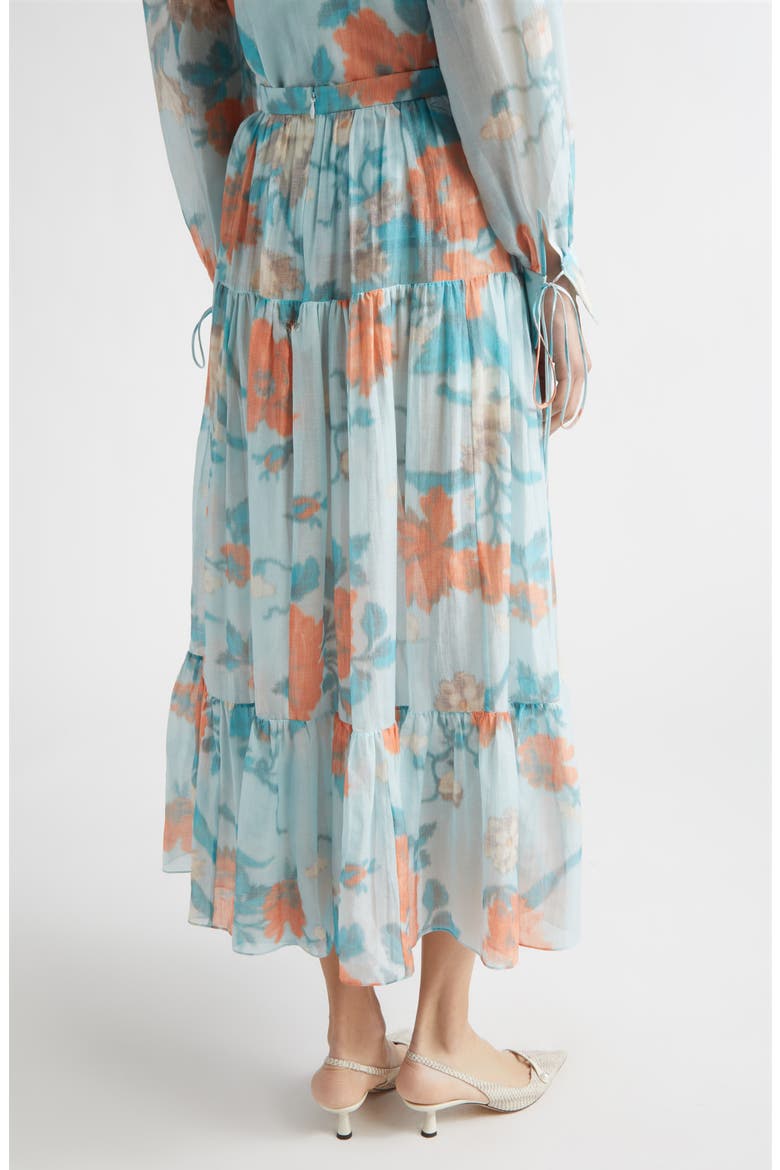 Floral Print Tiered Cotton & Silk Voile Midi Skirt, Alternate, color, TRAILING POPPY DREAM BLUE