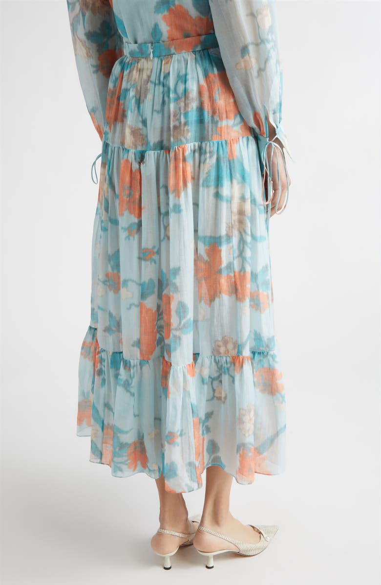 Erdem Floral Print Tiered Cotton & Silk Voile Midi Skirt, Alternate, color, Trailing Poppy Dream Blue