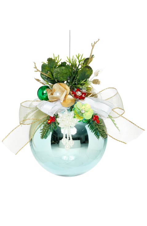 Floral Jeweled Ball Ornament, Shiny, Blue