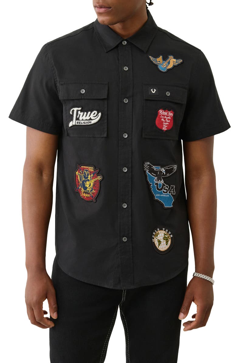 True Religion Logo Patch Short Sleeve Cotton Button-Up Work Shirt, Main, color, Black