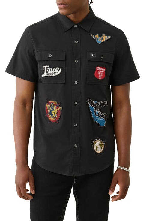 Logo Patch Short Sleeve Cotton Button-Up Work Shirt