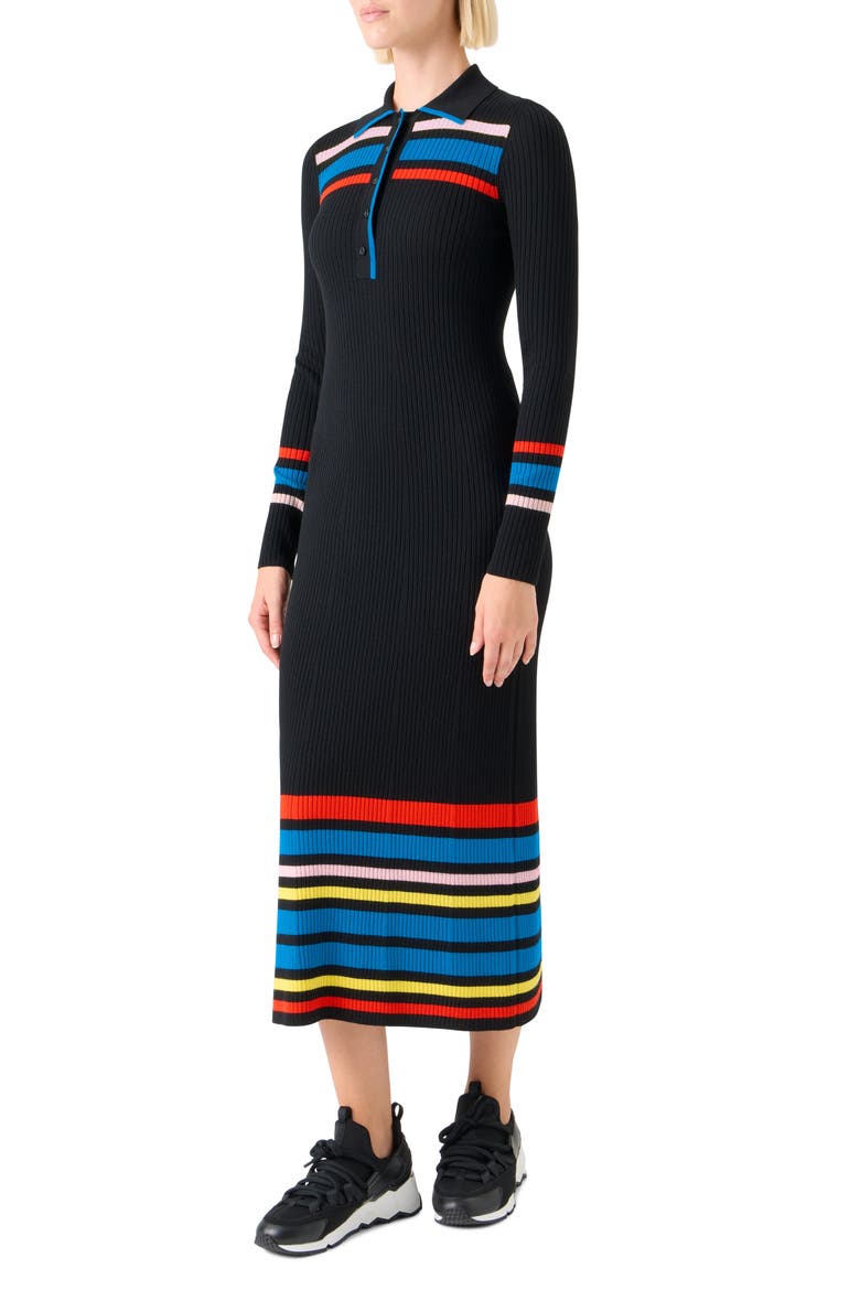 Stripe Rib Long Sleeve Virgin Wool Polo Sweater Dress, Alternate, color, BLACK-MULTICOLOR
