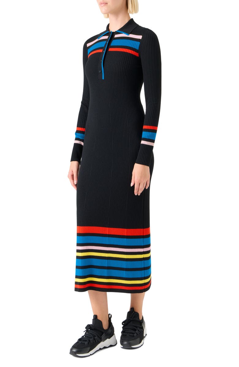 Akris punto Stripe Rib Long Sleeve Virgin Wool Polo Sweater Dress, Alternate, color, Black-Multicolor