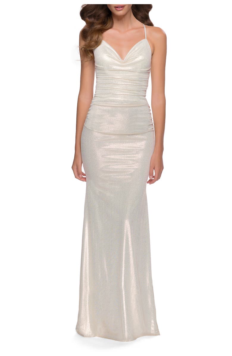 La Femme Fitted Metallic Jersey Gown with Open Criss Cross Strappy Back, Main, color, White/Gold