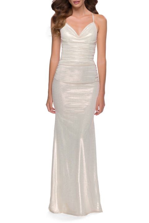 Fitted Metallic Jersey Gown with Open Criss Cross Strappy Back
