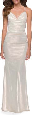 La Femme Fitted Metallic Jersey Gown with Open Criss Cross Strappy Back