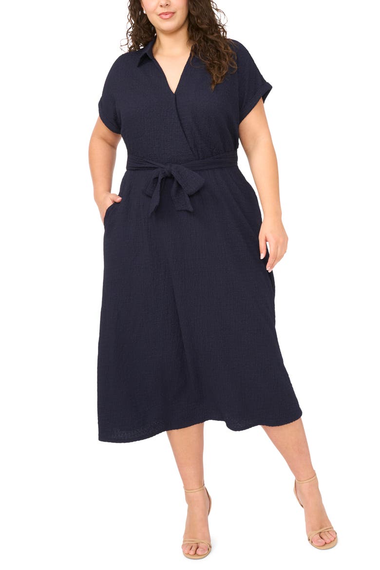 Tie Belt Textured Midi Dress, Main, color, BARITONE BLUE