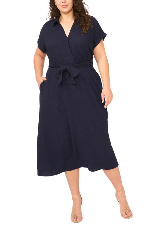 Tie Belt Textured Midi Dress (Plus)
