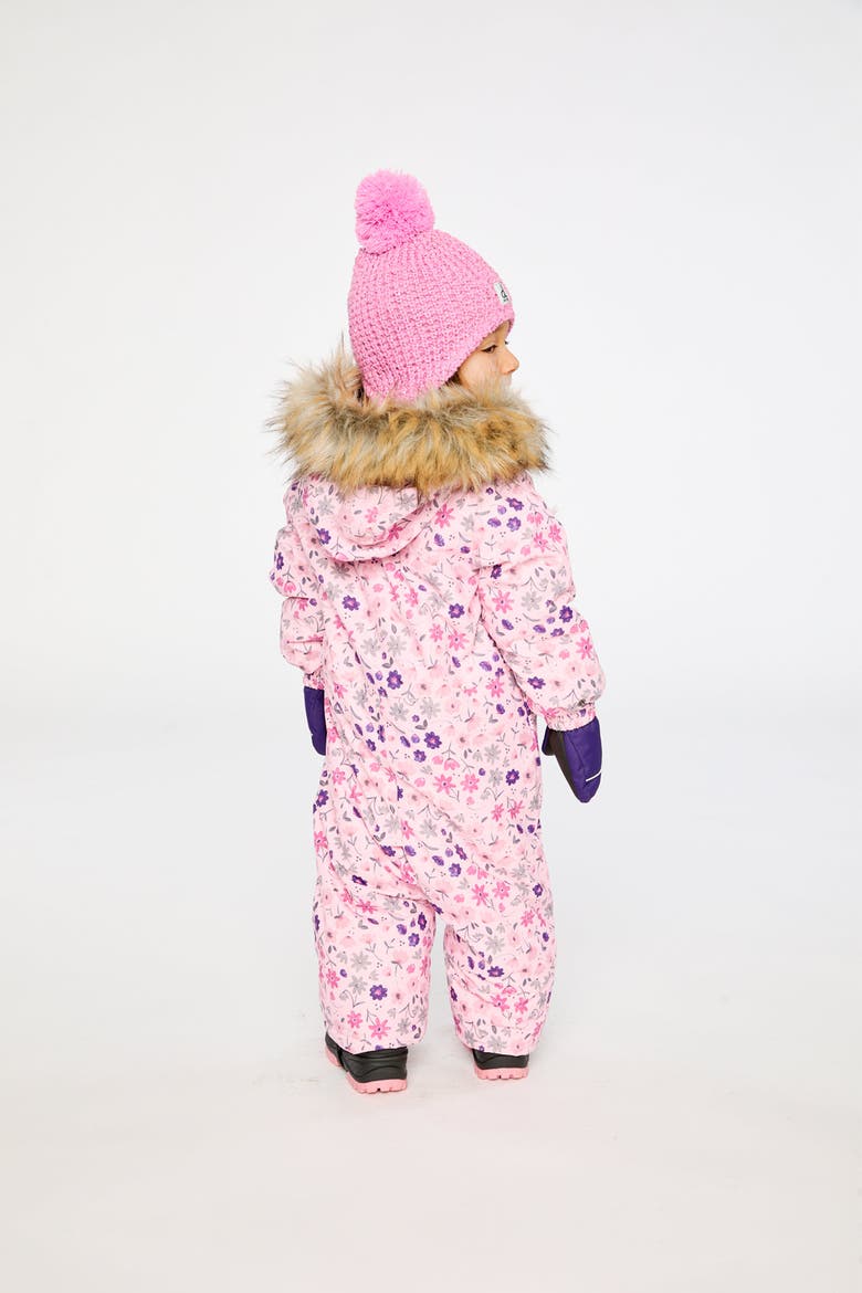 Play Mini Flower Faux Fur Hood Car Seat One Piece Snowsuit, Alternate, color, Rose Printed Mini-Flowers