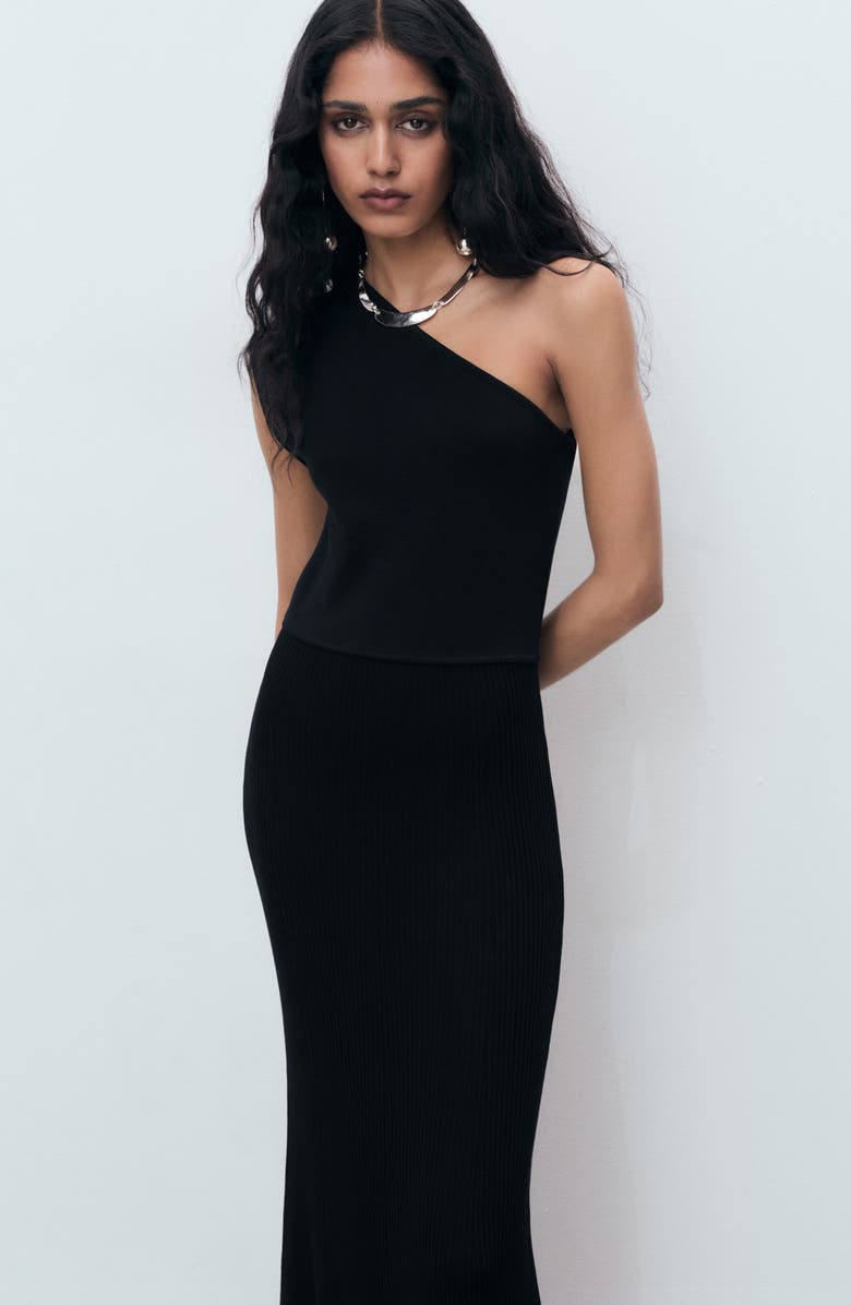 MANGO One-Shoulder Rib Maxi Dress, Alternate, color, Black