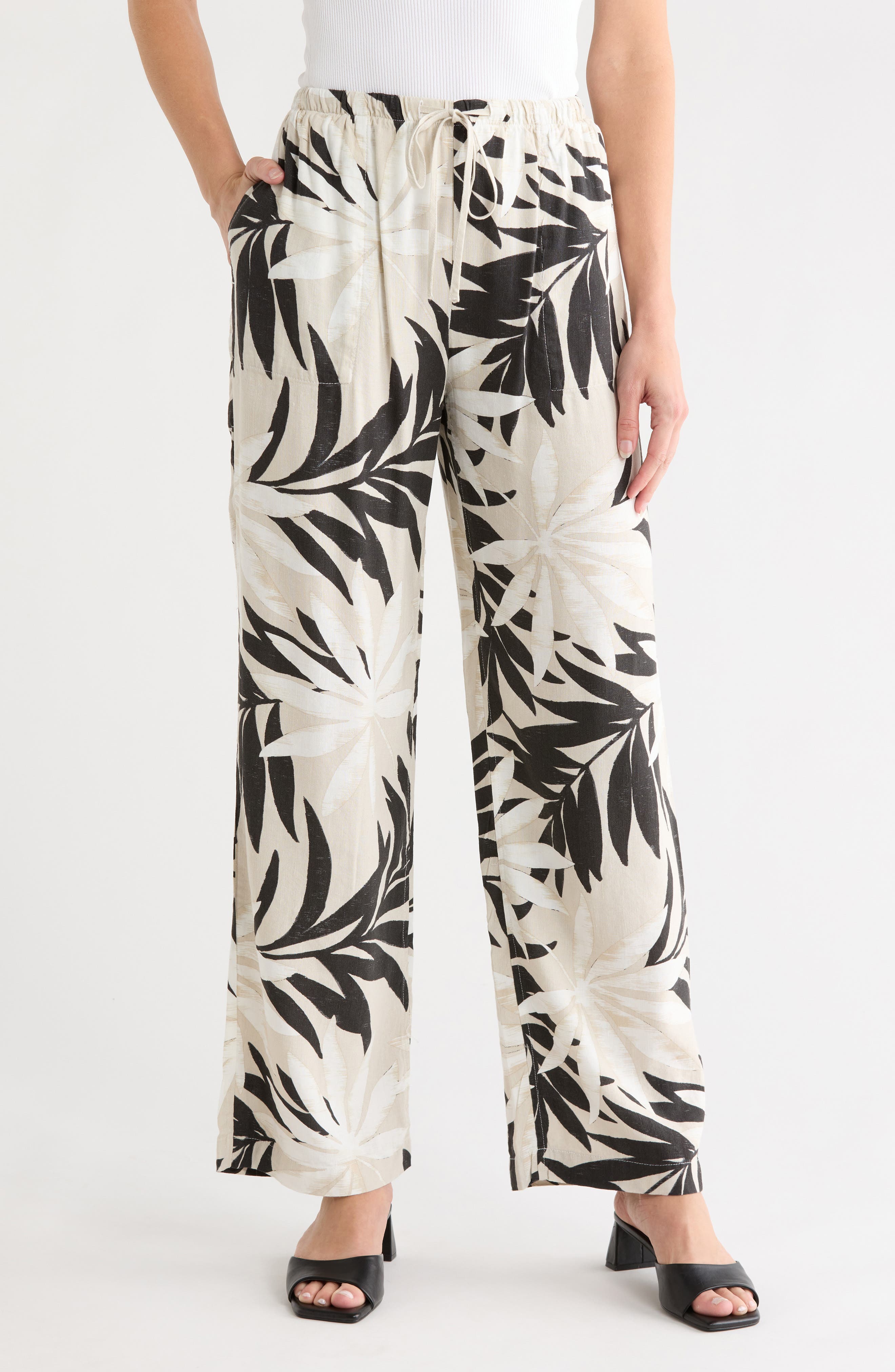 Joie Palm Print Linen Blend Wide Leg Pants