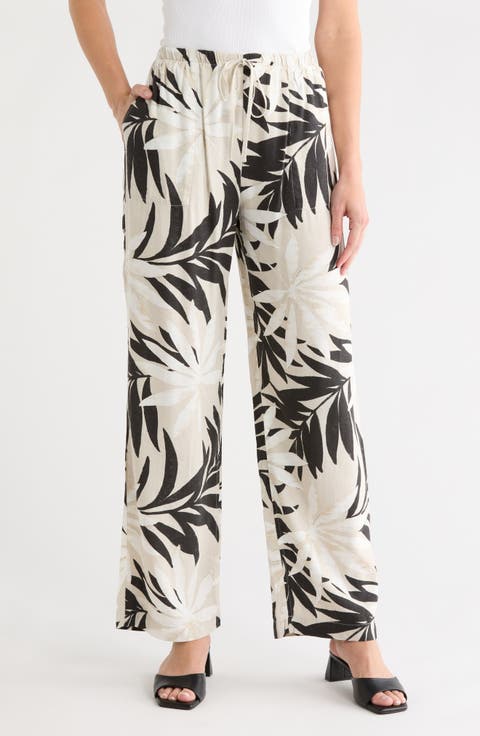 Palm Print Linen Blend Wide Leg Pants