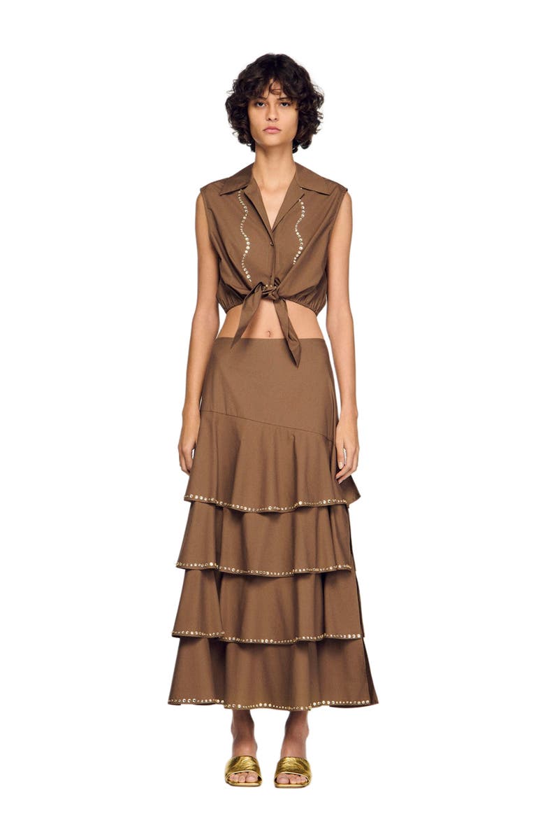 SANDRO Rhinestone cropped shirt, Alternate, color, Brown