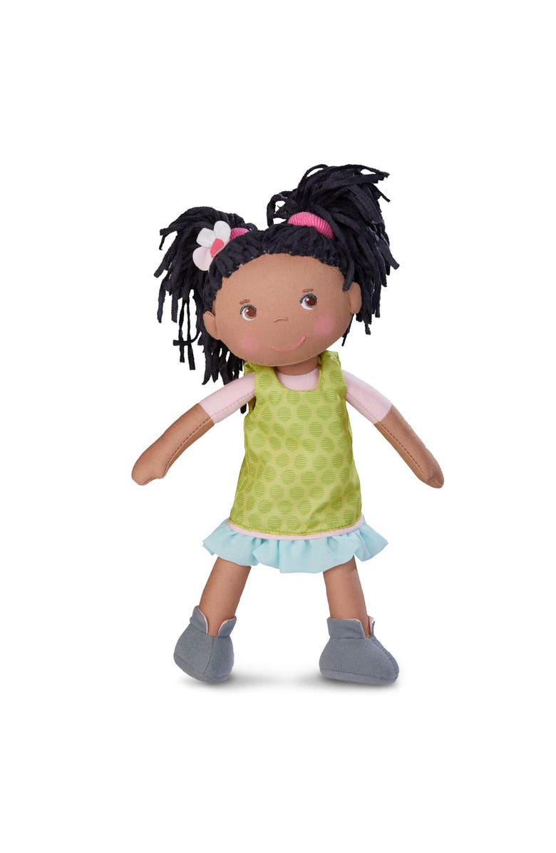 HABA Cari 12" Black Baby Doll with Black Pigtails, Embroidered Face, Removable Green Dress, Machine Washable Soft Baby Doll - 18 Months+, Main, color, Green Multi