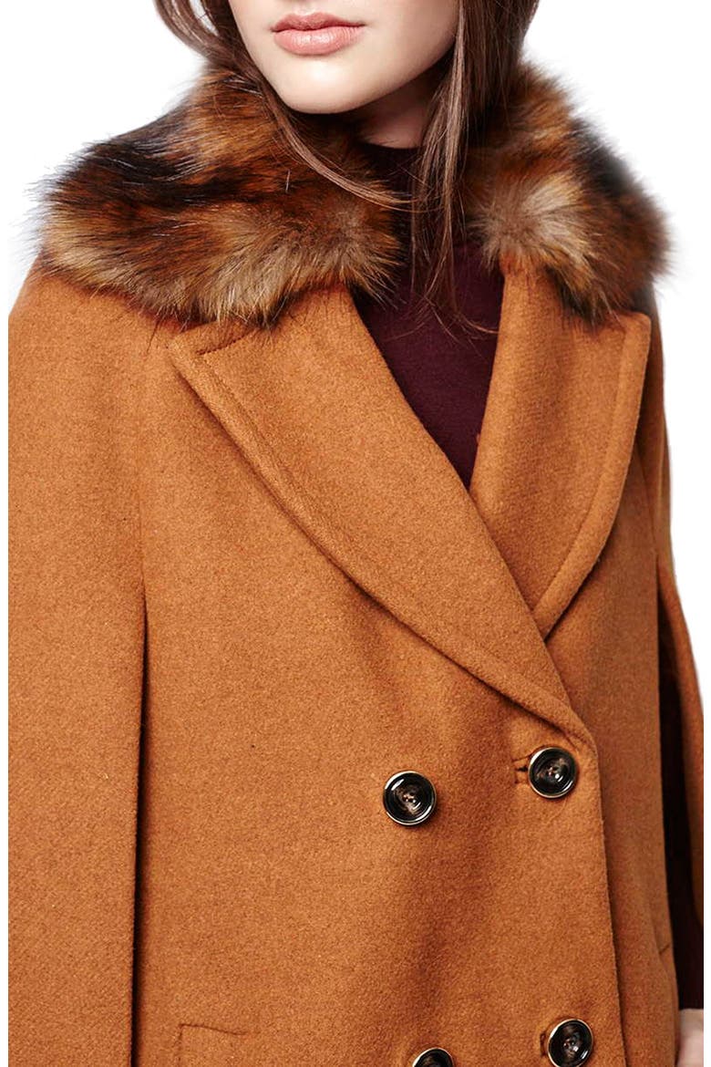 Faux Fur Double Breasted Cape, Alternate, color, BROWN MULTI