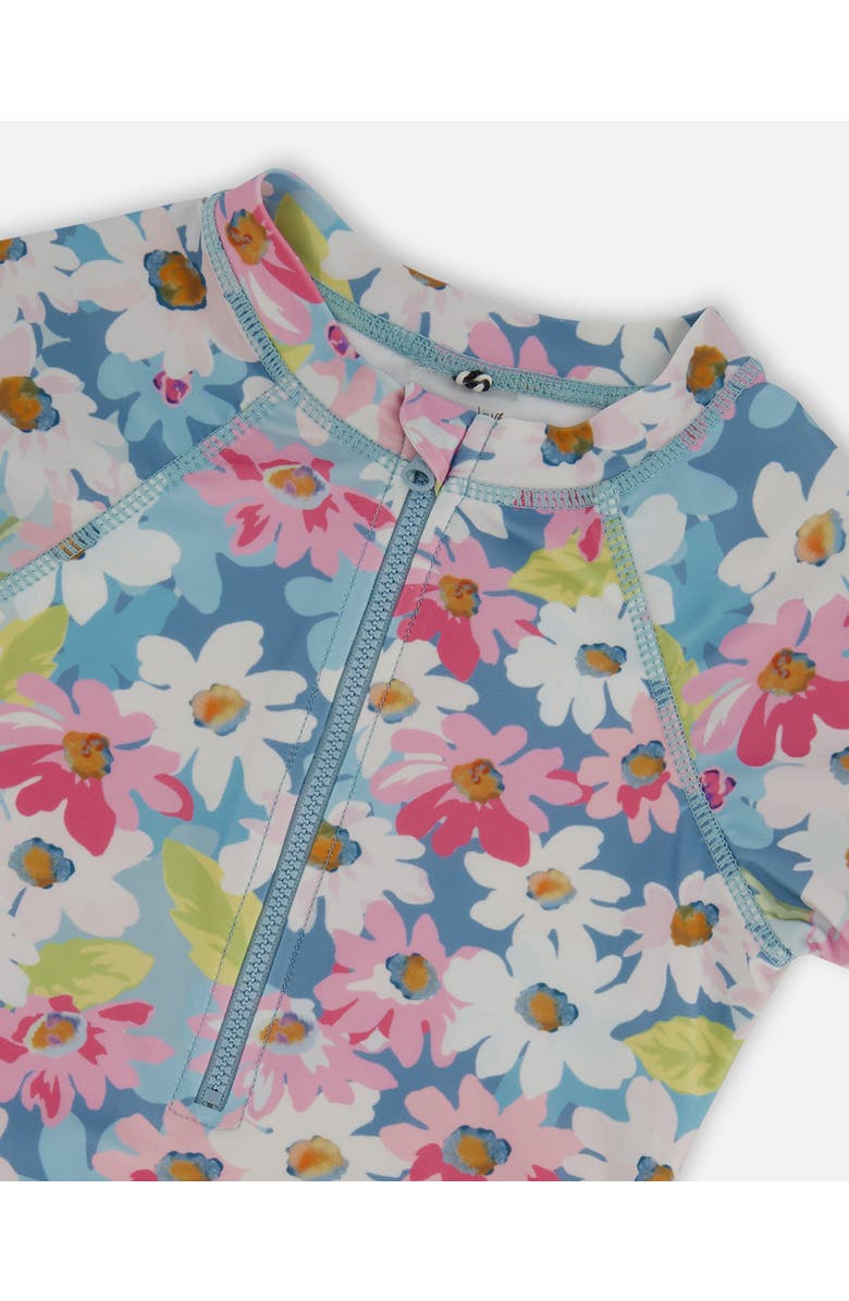 Deux par Deux Girl's Printed Short Sleeve One-Piece Swimsuit With Frills White, Pink, And Green Flowers, Alternate, color,