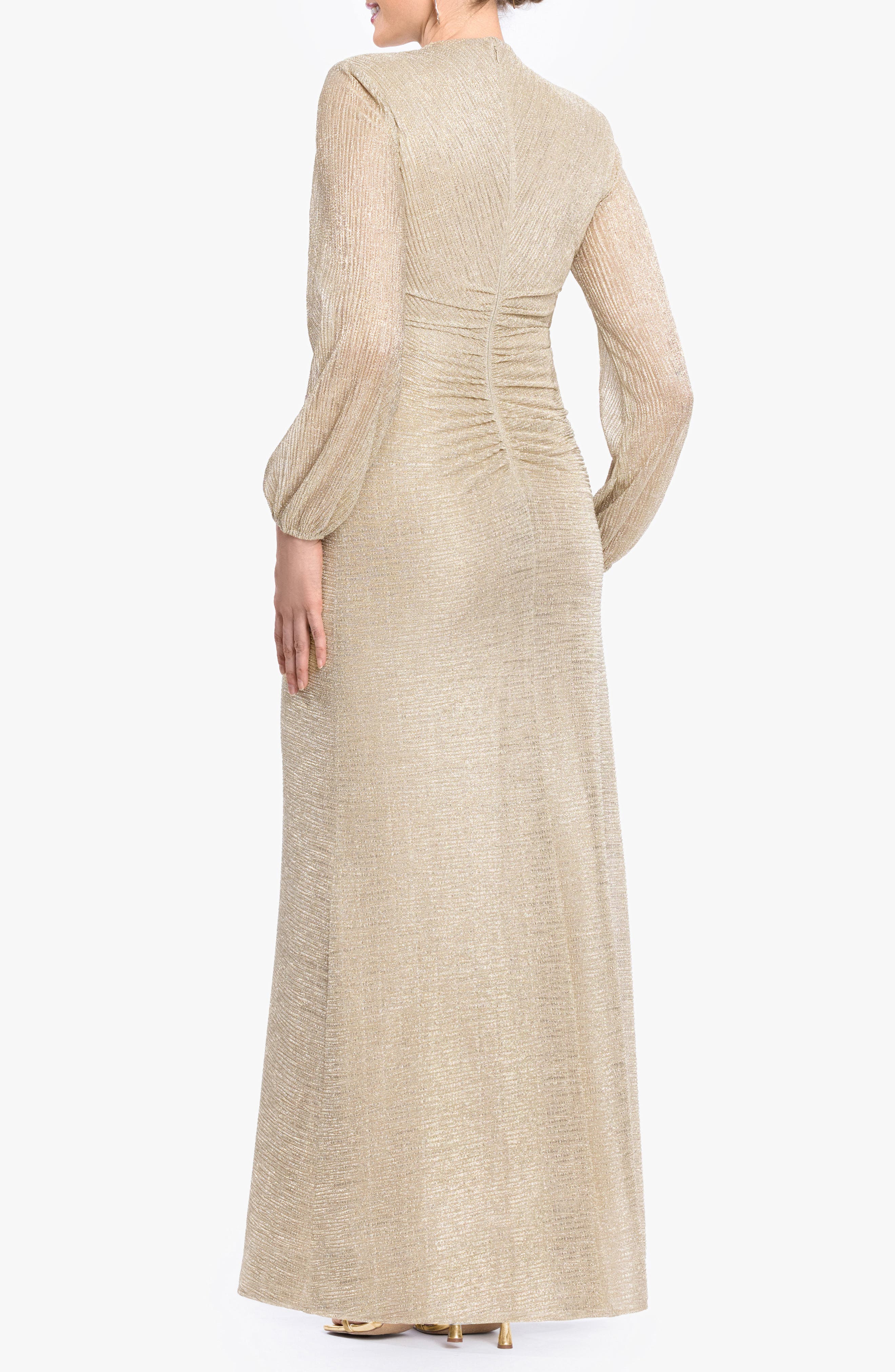 Betsy & Adam Metallic Crinkle Ruched Long Sleeve Trumpet Gown (Women ...
