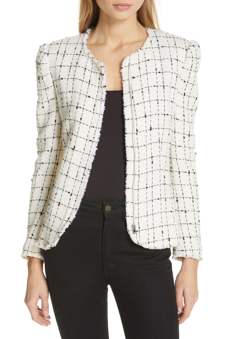 Plaid Tweed Zip Jacket, Main, color, CREAM COMBO