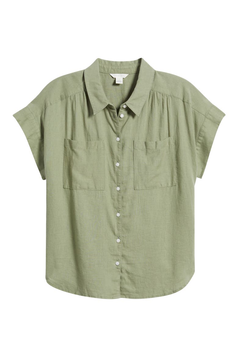 Linen Blend Short Sleeve Button-Up Shirt, Alternate, color, OLIVE ACORN