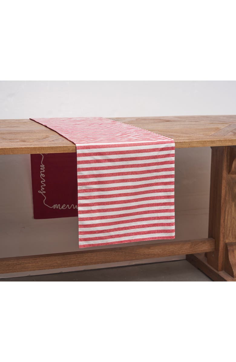 C&F Home "Merry" Cursive Script & Stripe 100% Cotton Christmas Table Runner 14" x 72", Alternate, color, Red
