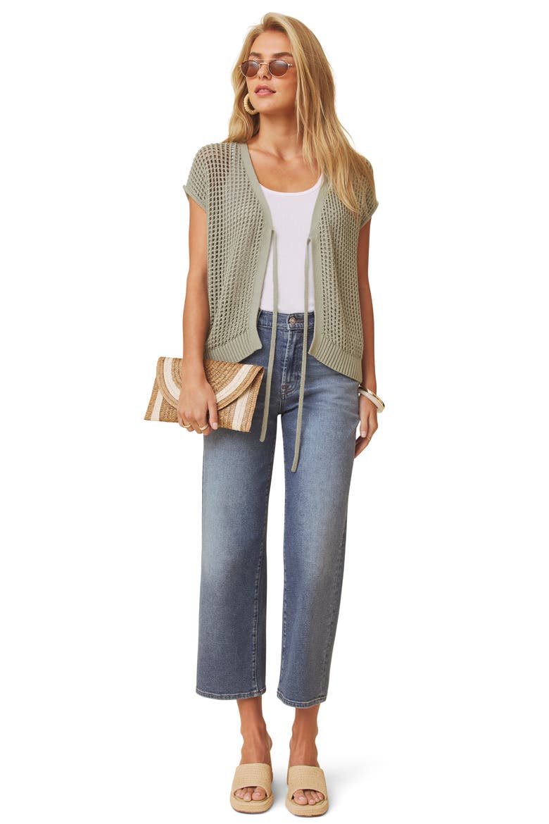 Simona Tie Front Short Sleeve Cardigan, Alternate, color, EUCALYPTUS GREEN