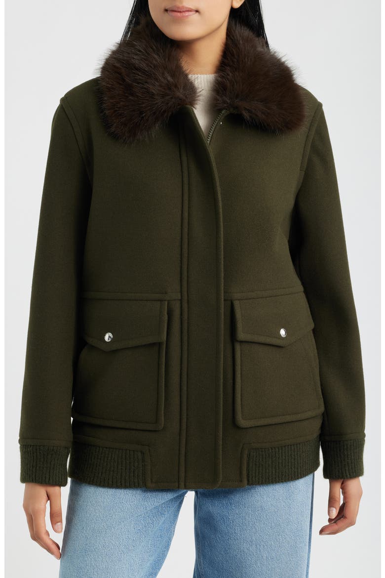 Faux Fur Collar Relaxed Bomber Jacket, Alternate, color, LODEN