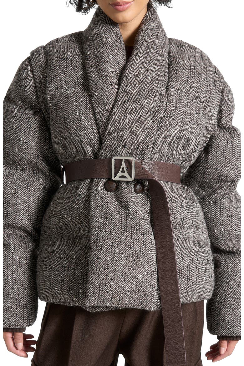 Inez Herringbone Wool Wrap Belted Puffer Jacket, Alternate, color, Brown