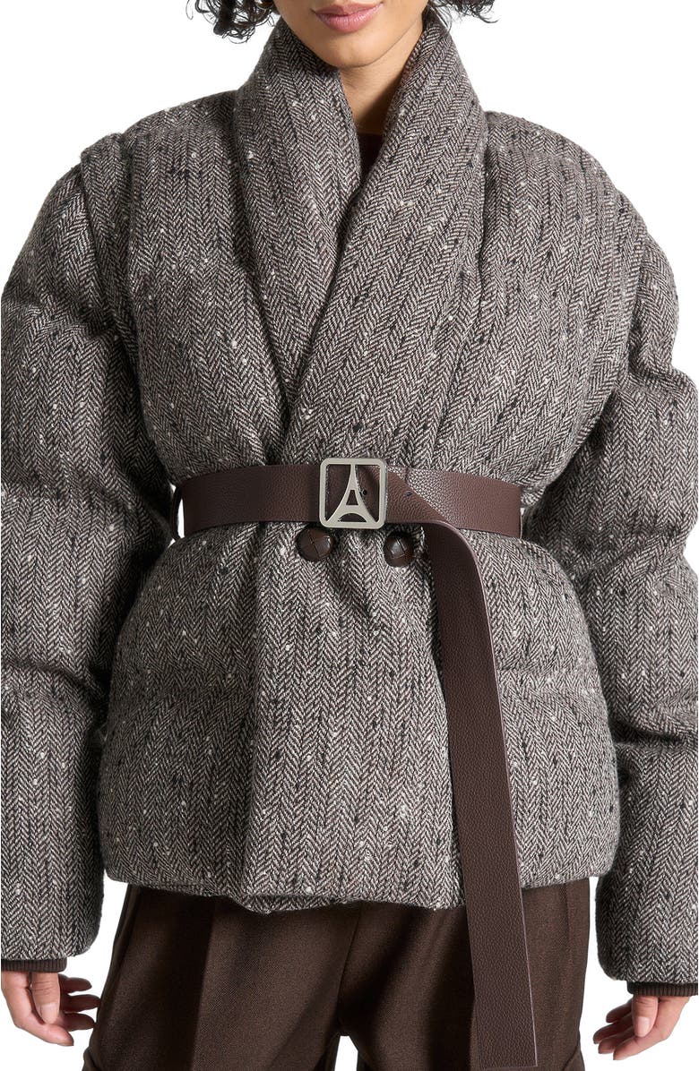 Manière De Voir Inez Herringbone Wool Wrap Belted Puffer Jacket, Alternate, color, Brown
