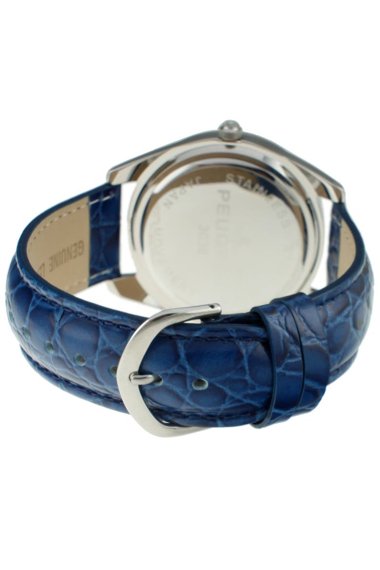Round Boyfriend Baguette Crystal Leather Watch- 40MM, Alternate, color, Blue