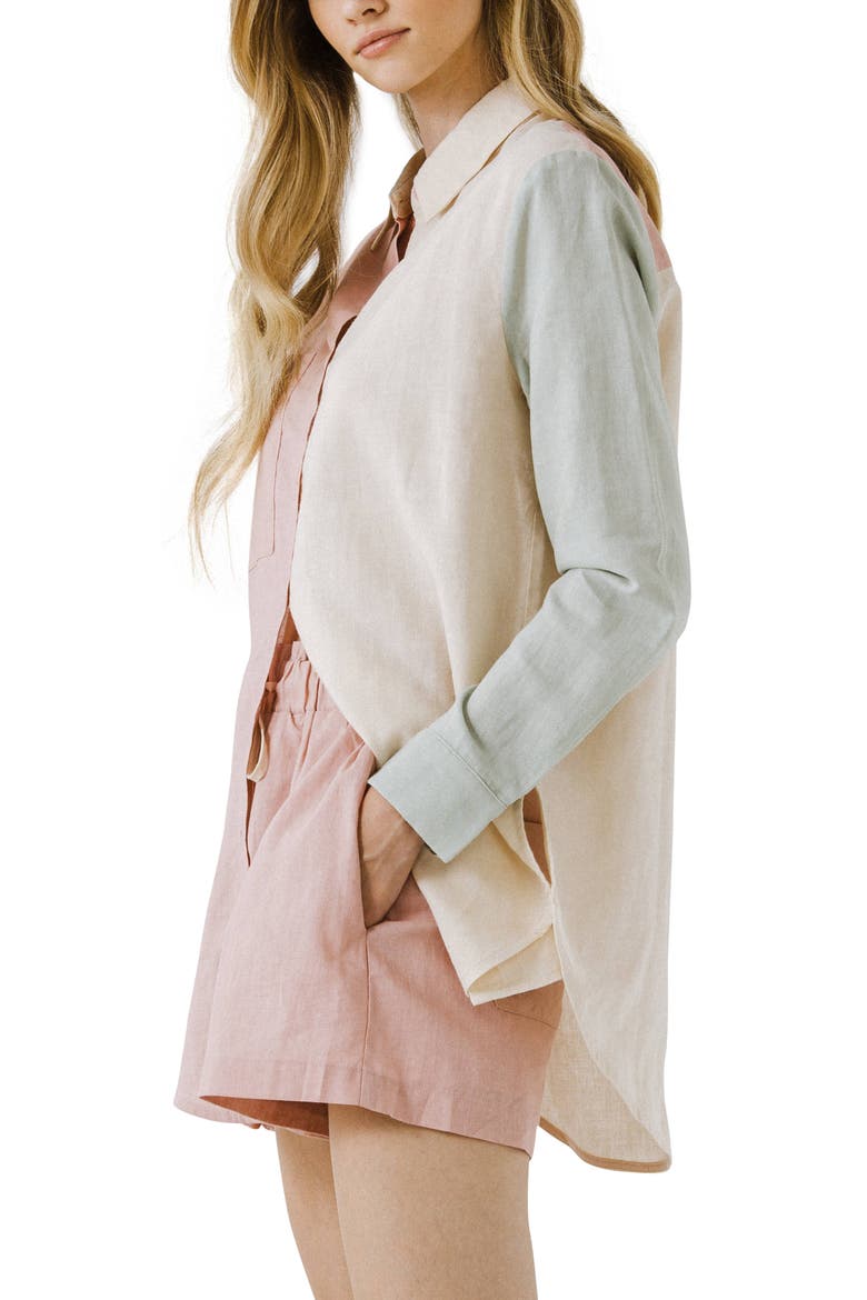 Colorblock Long Linen & Cotton Button-Up Shirt, Alternate, color, MULTI
