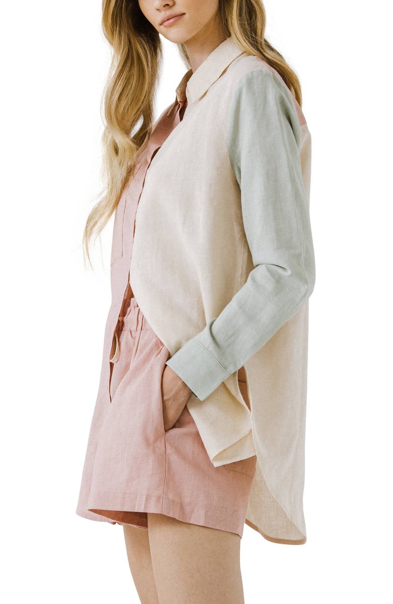 Grey Lab Colorblock Long Linen & Cotton Button-Up Shirt, Alternate, color,