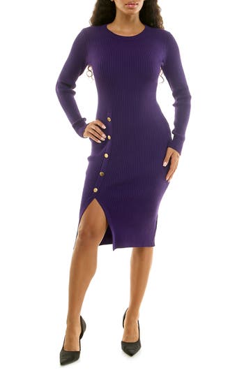 Nina Leonard Long Sleeve Ribbed Sweater Dress In Purple