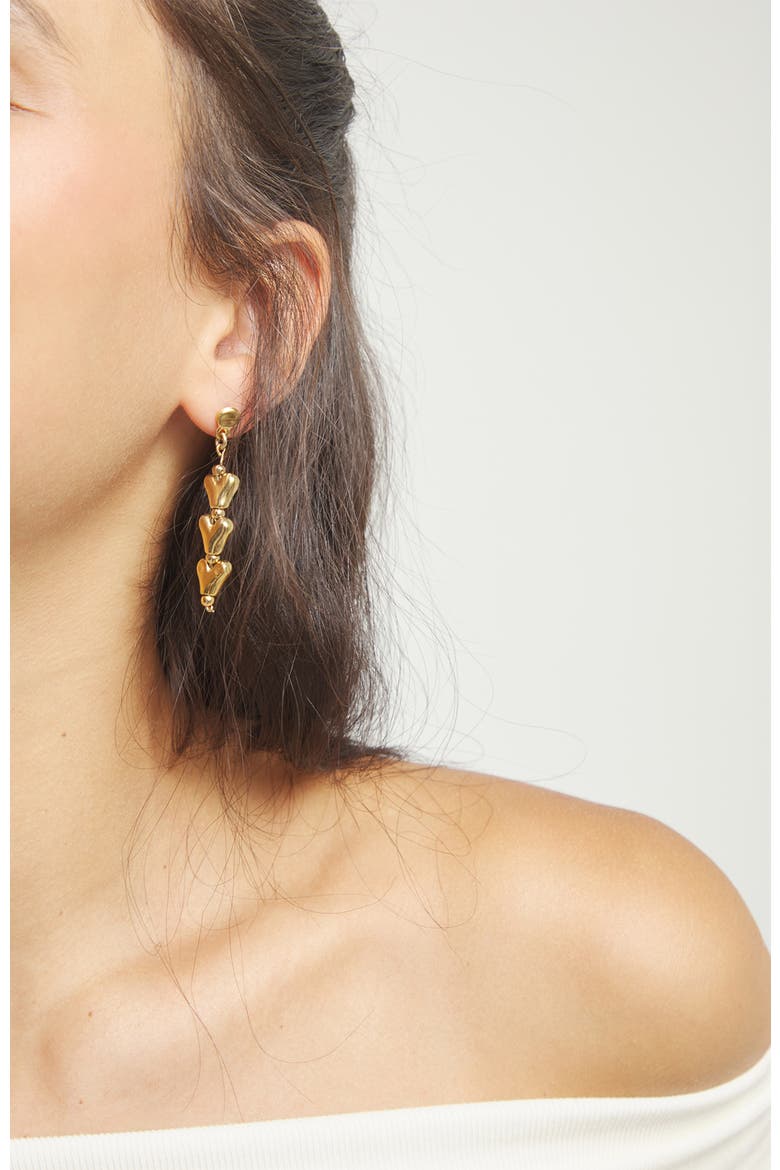 Long Earrings with Hearts Plated in 18K Gold, Alternate, color, Gold
