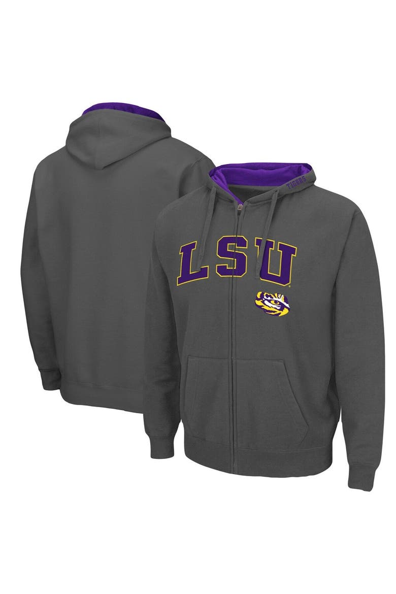 Men's Colosseum Charcoal LSU Tigers Arch & Logo 3.0 Full-Zip Hoodie, Main, color, Charcoal